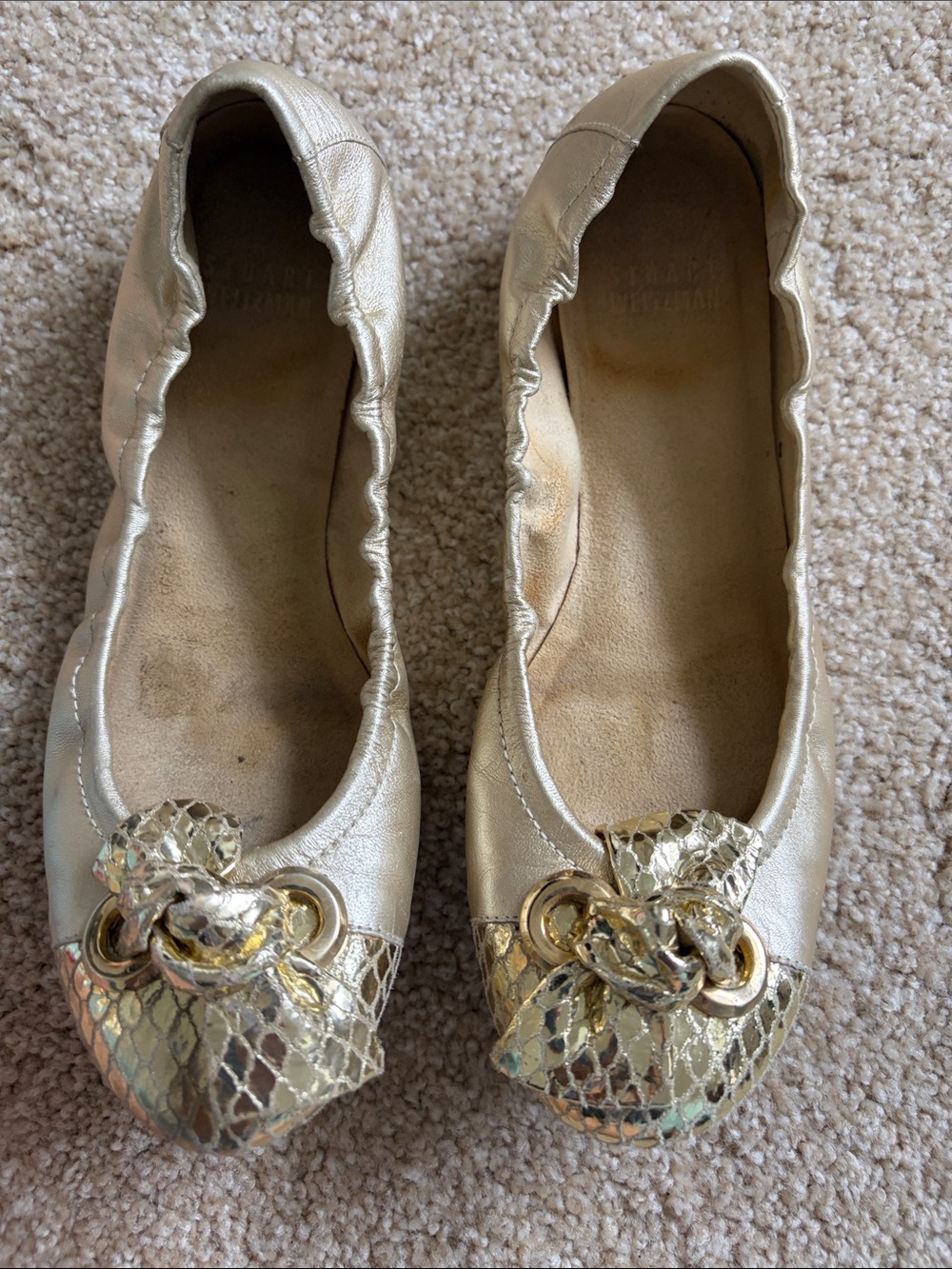 Stuart Weitzman Metallic Gold Ballet Flats with Knot & Snakeskin Accent